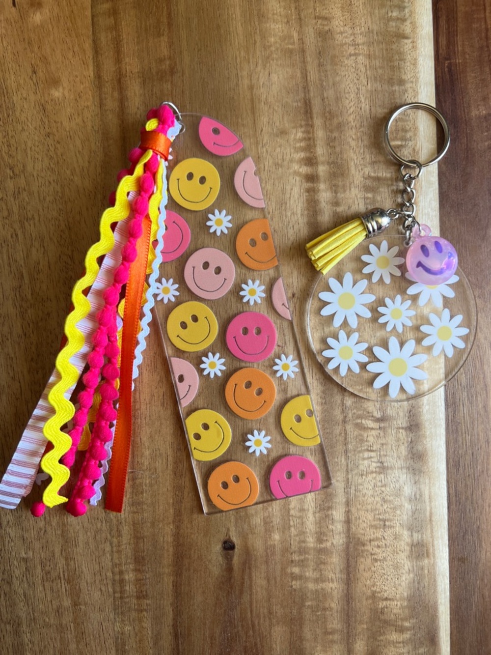 Handmade Smiley Face & Daisy Keychain and Bookmark Set - Pink, Yellow, Orange